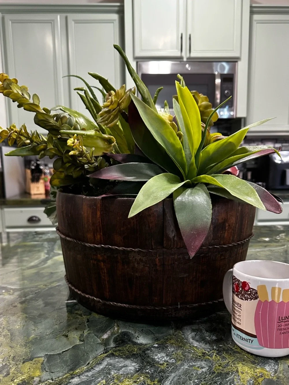 Succulent Barrel Arrangement -Green & Red Large rustic wood barrel planter 15x16